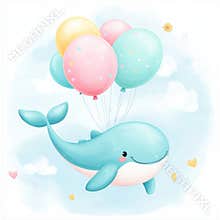 Children's clip art composition with cute watercolor whales and balloons.