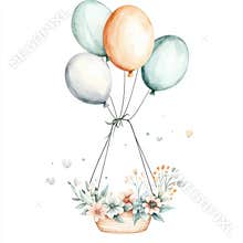 An illustration for girls of a beautiful composition featuring hand-drawn watercolor baby crib air balloons and flowers. Stock