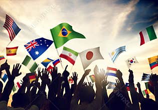 Group of People Waving Flags in World Cup Theme