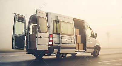 Delivery van with open doors loaded with cardboard boxes on a foggy morning road