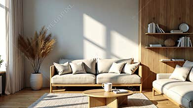 Bright and airy living room bathed in soft natural light streaming through large windows. AI generated