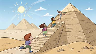Animated Group Climb Great Pyramid Steps in Sandy Desert Backdrop Under Sunny Sky Perfect For Decoration And Educational Concepts