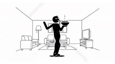 Animated Stick Figure Balances Bowl of Noodles in Minimalist White Room Expressing Joy and Happiness a Monochromatic Animated