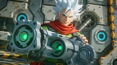 Anime style male character with white spiky hair holding a large sci-fi energy cannon in front of a metallic wall