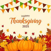 Happy Thanksgiving 2025 celebration with pumpkins, autumn leaves, and colorful festive bunting decoration background