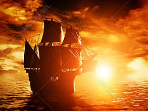 Ancient pirate ship sailing on the ocean at sunset