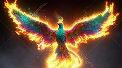 Colourful phoenix bird with spread wings on black background. Mythical fiery creature rising from the ashes