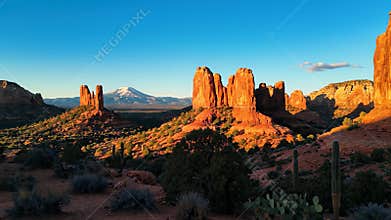Majestic cactus plant rises from arid landscape, its prickly silhouette set against towering mountains covered in lush cacti,