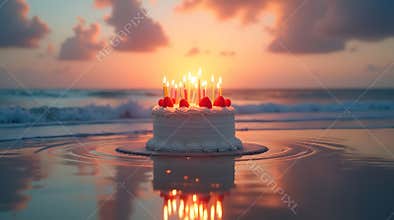 Surreal beach birthday composition with a floating cake above the sea, glowing candles reflecting on the water,