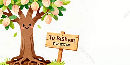 A cheerful cartoon tree with green leaves and pink fruits stands beside a wooden sign that reads 'Tu Bishvat'. The