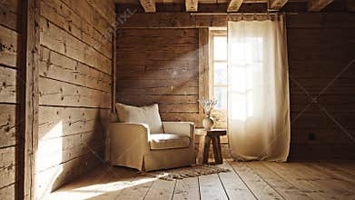 Cozy Rustic Log Cabin Interior with Armchair and Window Light Creates a Warm Inviting Ambiance