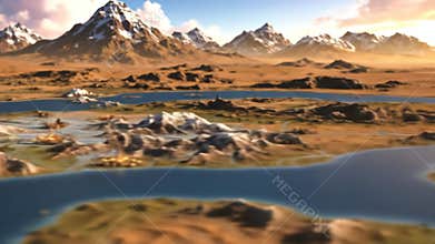 A detailed topographical model showcasing mountain ranges, rivers, lakes, and settlements in a diverse landscape setting
