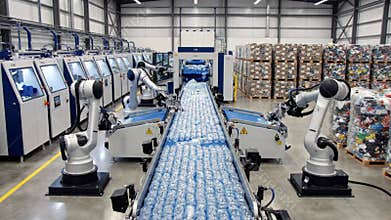 Automated Recycling Facility With Robotic Arms Sorting Materials On A Conveyor Belt Under Bright Industrial Lighting