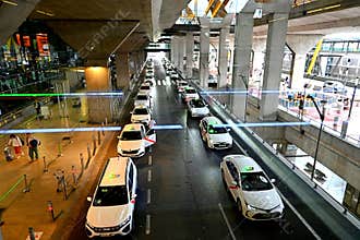 Long queue of taxis in front of Adolfo Suarez Madrid Airport, Spain November 20, 2025