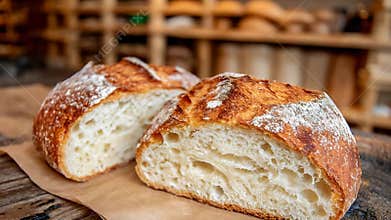 Rustic Sourdough Loaf Freshly Baked and Halved Showcasing Golden Crust and Airy Interior