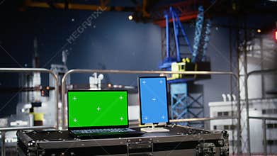 Green and blue screen on devices support offshore drilling rig calibration