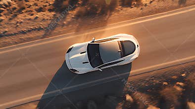 White sports car from above on a desert road, bathed in warm golden hour light