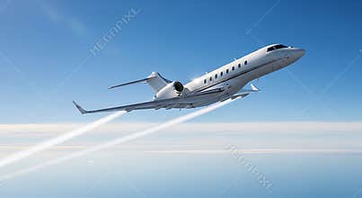 Private jet soars through clear blue skies leaving white contrails behind it today