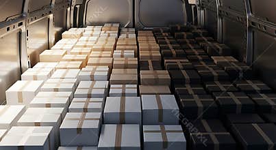 Delivery van interior filled with neatly stacked white brown and black shipping boxes