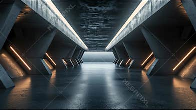 Futuristic garage hall with concrete walls and led light, inside dark warehouse or room of modern building.