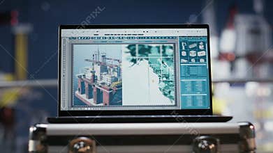 Laptop screen shows visualization monitoring software on empty offshore platform