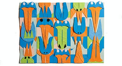 Colorful Abstract Pattern of Stylized Frog Faces in Blue Orange and Green