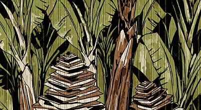 Stylized Illustration of Banana Trees and Stacked Books