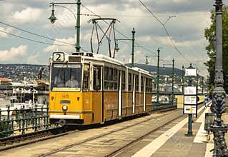 Classic yellow tram in Budapest city center