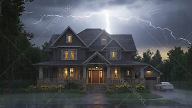 Dramatic Night Storm Over Suburban Home with Lightning and Rainfall