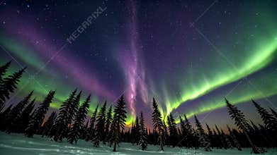 Northern Lights starry sky landscape over the forest, Generative AI