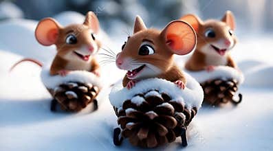 Charming Mice Sledding on Pine Cones Down Snowy Mountain Slope