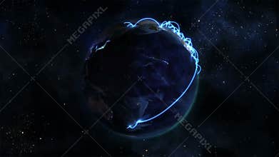 Lighted Earth turning on itself with blue connections with Earth image courtesy of Nasa.org
