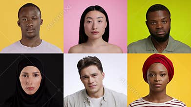 Emotional collage of diverse faces expressing various feelings in vivid colors