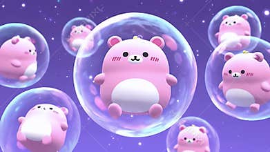 Whimsical Pink Hamsters Floating Inside Transparent Bubbles Against a Starry Space Background