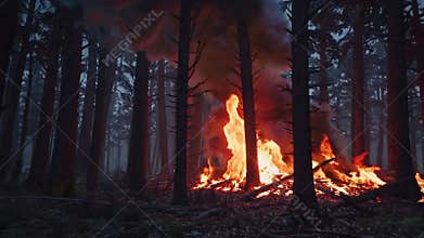 burning forest at dusk roaring orange flames pine woodland consumed by fastspreading wildfire, thick dark smoke