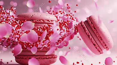 Pink macarons explosion with rose petals and sweet sprinkles animation