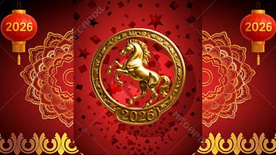 Chinese New Year 2026 year of the horse golden coin title animation on red background