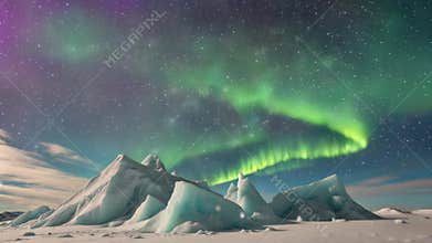 Aurora starry sky over Arctic glaciers, Generative AI