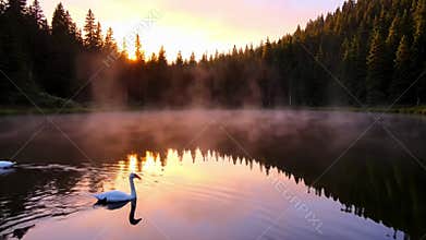 Graceful waterfowl gliding silently across the calm lake, leaving gentle V shaped wakes on the glassy surface. Highlighting the