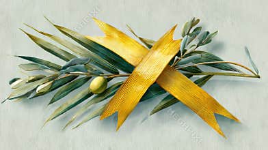 Decorative composition of green olive branch with fruit and crossed golden palm fronds in symmetrical arrangement on