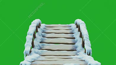 3D Frozen Bridge Asset with Snow Covered Wooden Planks on Green Screen