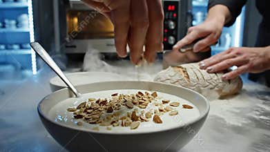 Chef Sprinkling Chopped Nuts on Creamy White Yogurt Bowl with Dry Ice Smoke Effect and Fresh Bread Loaf in Modern Commercial