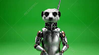 Robotic Meerkat on Green Screen Background Featuring an Android Meerkat with Glowing Green Eyes and Metallic Body Parts Isolated