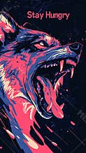 A dog with a mouth full of teeth and the words "Stay Hungry" written below it