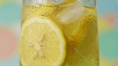 Refreshing lemonade drink with ice and citrus slices in glass