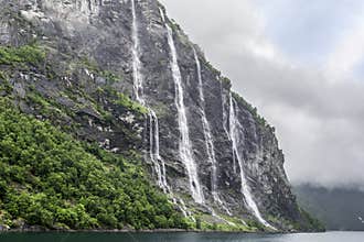 Seven Sisters Waterfall, fjord, Norway