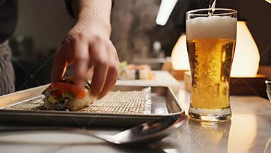 Close-Up of Sushi Preparation with Bamboo Mat and Beer Glass on Silver Tray at Restaurant Ambience with Smooth Camera Movement