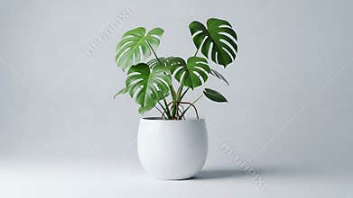 Vibrant green monstera deliciosa plant featuring characteristic fenestrated leaves showcased prominently within a sleek modern