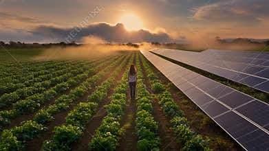 Field of leafy crops beside a solar farm at sunrise with mist over rows