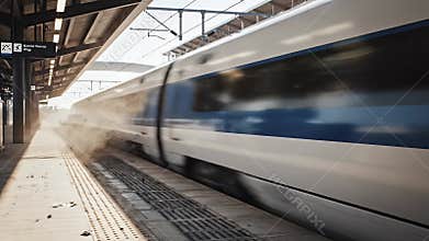 High-Speed Train Blurring Past Station Platform